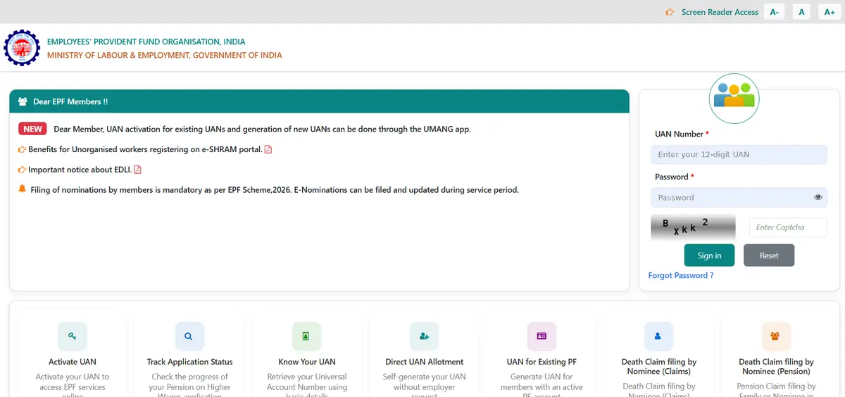 EPFO Member e-Sewa portal login page with UAN, password and captcha fields