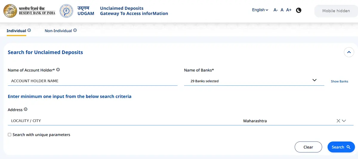 UDGAM search form filled with sample placeholder name, banks selected and state